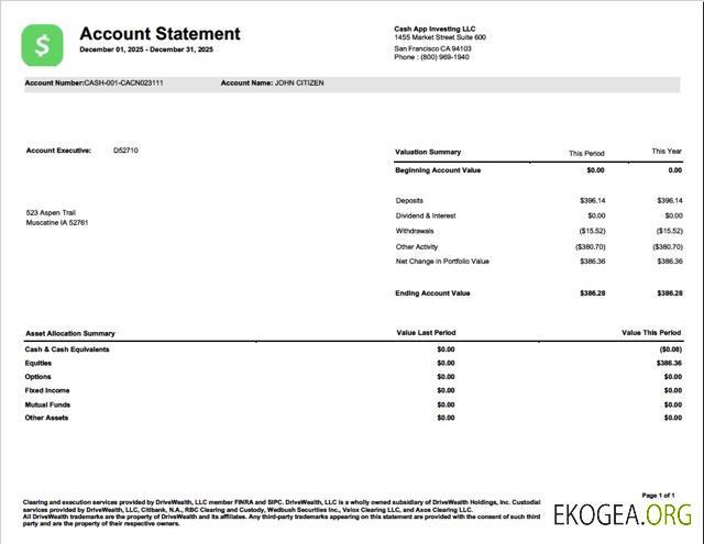 Modèle Word et PDF de relevé de compte USA Cash App Investing